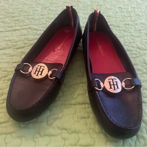 Tommy Hilfiger Black and Gold Loafers for Women